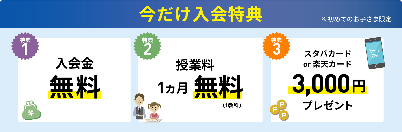 今だけ入会特典 ※初めてのお子さま限定 特典1：入会金無料 特典2：授業料1ヶ月無料(1教科) 特典3：スタバカードor楽天カード3,000円プレゼント